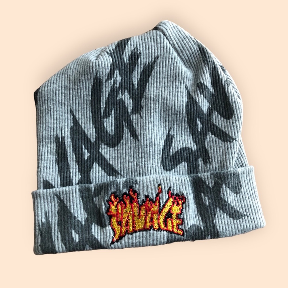 Kids Baby Savage Embroidered Flames Logo Knit Beanie Hat Prime Threads Grunge